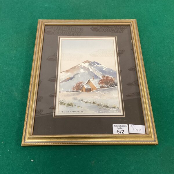 Janice Padgham watercolour painting of a winter mountain landscape.