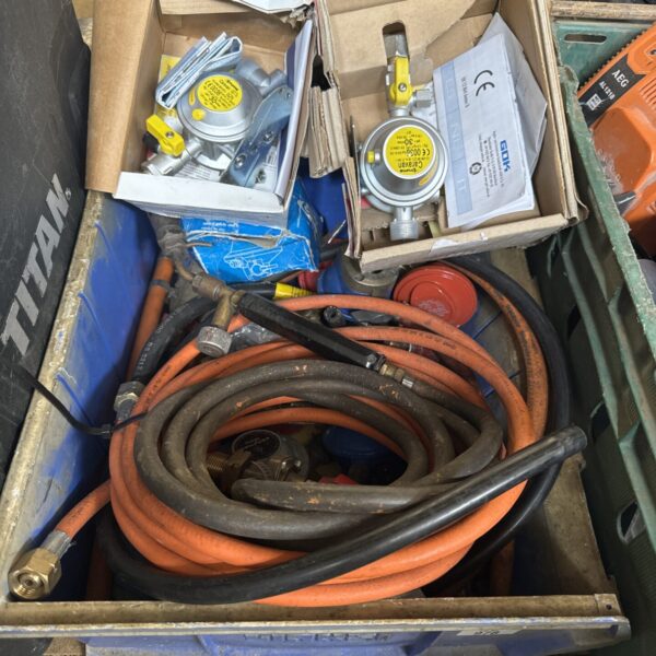 Mixed lot of gas bottle hardware and blowtorch components.
