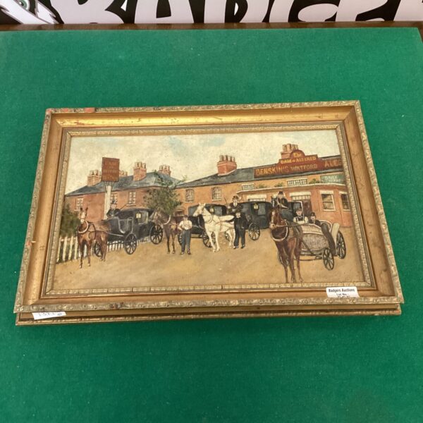 Vintage Victorian painting of a horse and carriage outside a pub.