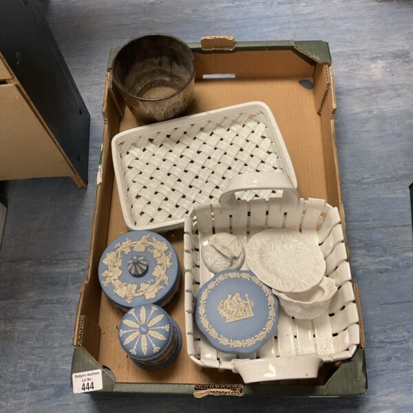 Antique Wedgwood Jasperware tray with blue and white pottery.