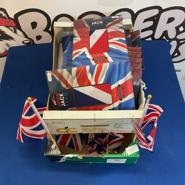 Lot of Union Jack flags for patriotic displays and events.