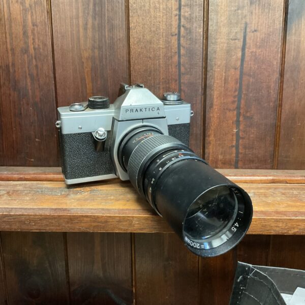 Vintage Praktica l camera with Prinz Galaxy lens for film photography.