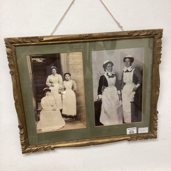 Vintage Edwardian housemaid photographs in a decorative gilt frame.