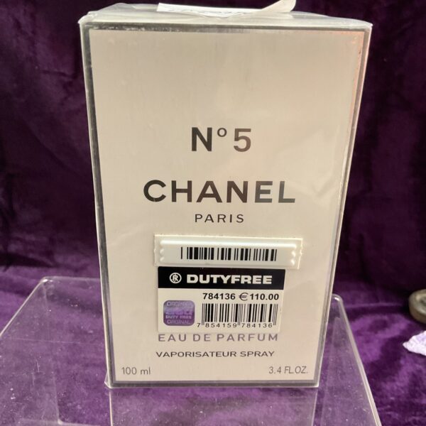Sealed bottle of Chanel No 5 perfume, classic fragrance.