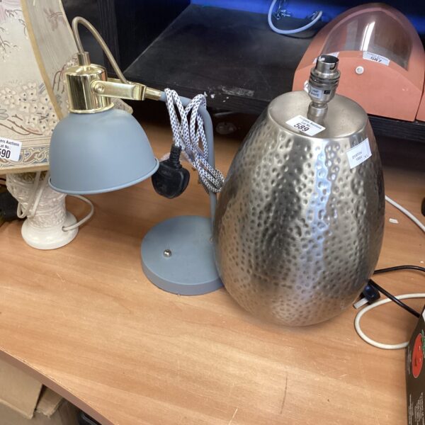 Vintage grey metal table lamp with textured shade.