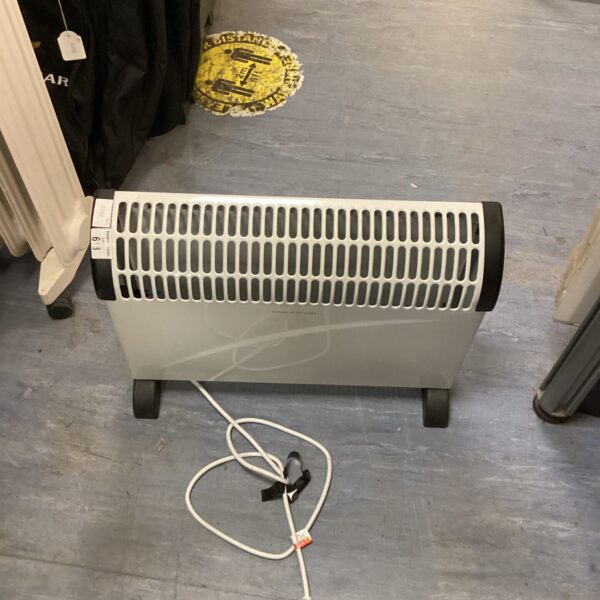 White portable electric heater with carry handles.
