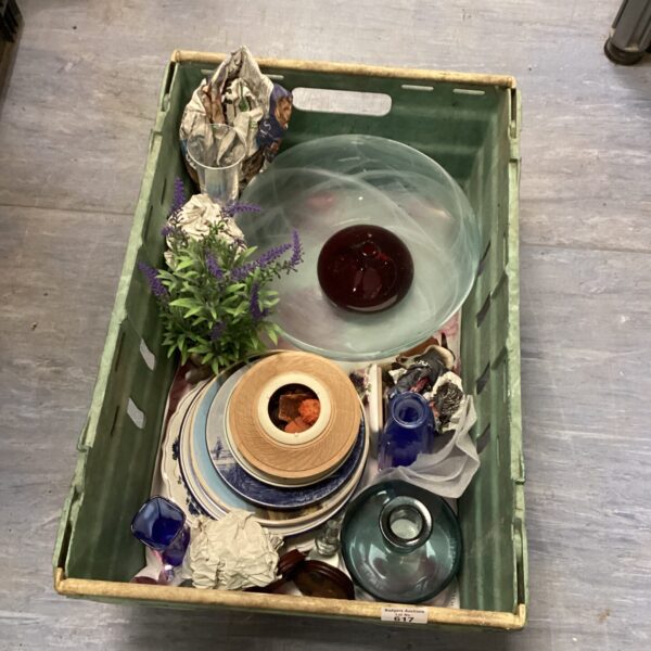 Mixed lot of vintage collectibles with a red glass vase.