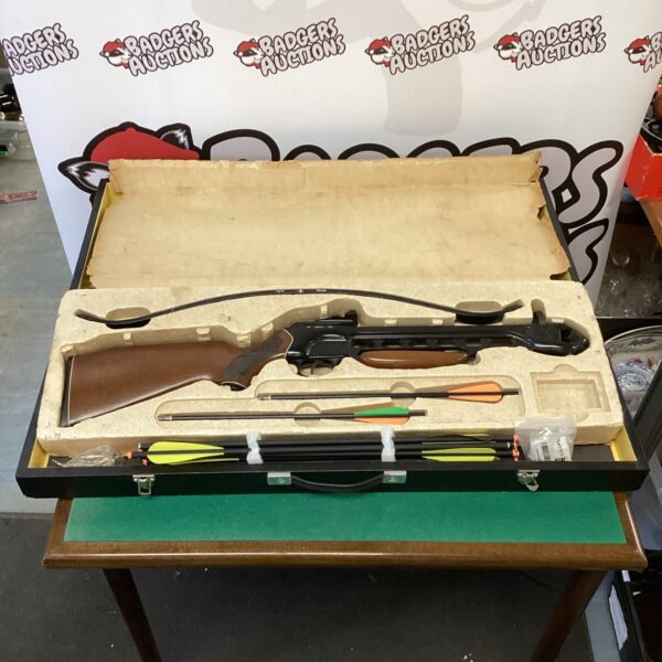 Vintage Barnett Wildcat II crossbow in wooden case with arrows.