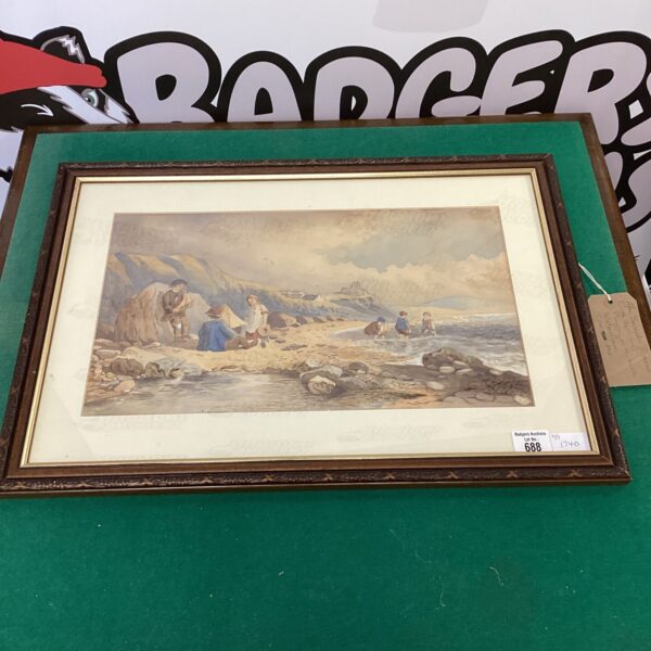 Victorian watercolour painting of children on a beach scene.