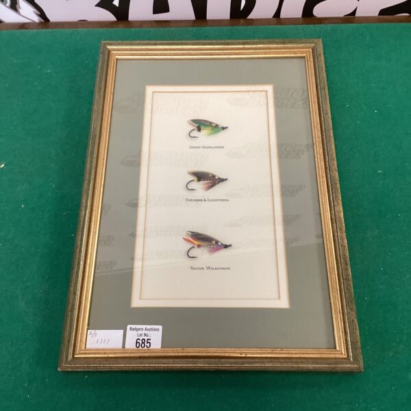 Framed antique salmon fishing flies collection, vintage angling equipment.