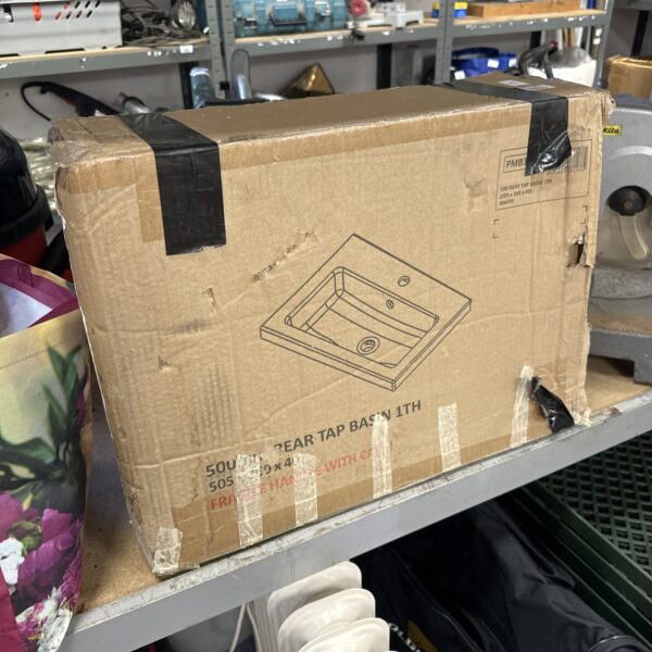 White rear tap basin sink, model PMB3, unused condition.