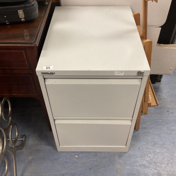 Front view of a vintage Bisley two-drawer filing cabinet.