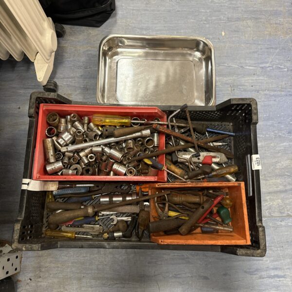 Assorted socket set and tools in a plastic tray.