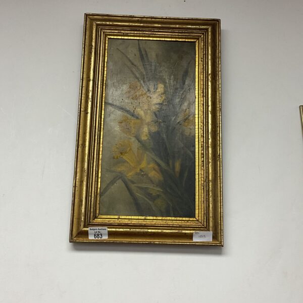 Vintage daffodil still life oil painting with gilt frame.