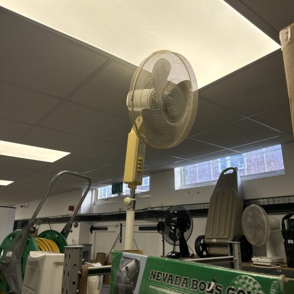 White vintage Ethos pedestal fan for cooling and retro style.