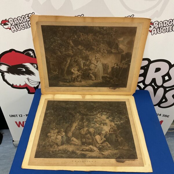 Pair of antique Morland lithographs depicting pastoral scenes.