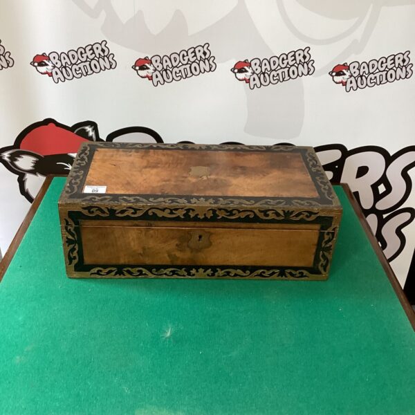 Antique walnut writing block with inlaid design, front view.
