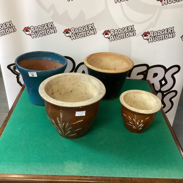 Lot of four vintage ceramic garden pots for plants.