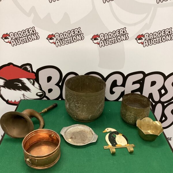 Vintage collection of copper and brass jugs, pan and dish.