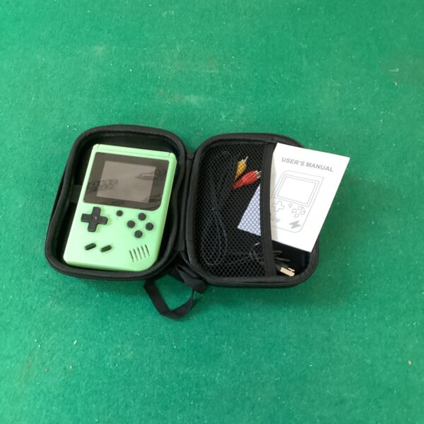 Retro handheld game console with protective carrying case.