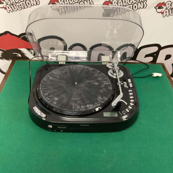Vintage Ferguson turntable record player with clear dust cover.