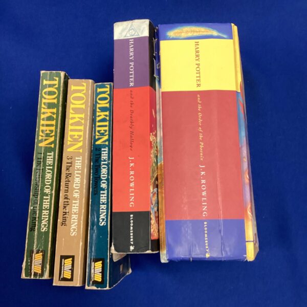Lot of fantasy books including Lord of the Rings and Harry Potter.