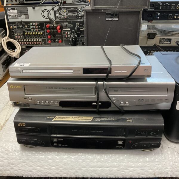 Vintage DVD VCR combo and players from Funai, Philips, and JVC.