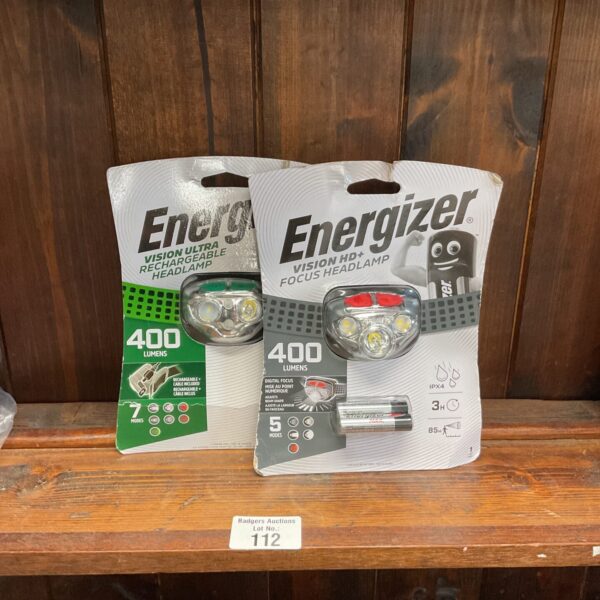 Two Energizer Vision HD headlamps for outdoor lighting and camping.