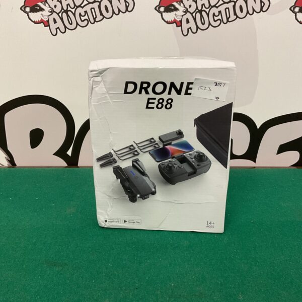 Drone E88 quadcopter with remote control, ready for flight.