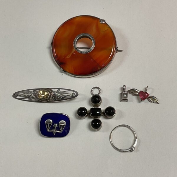 Antique silver brooch with honey agate stone.