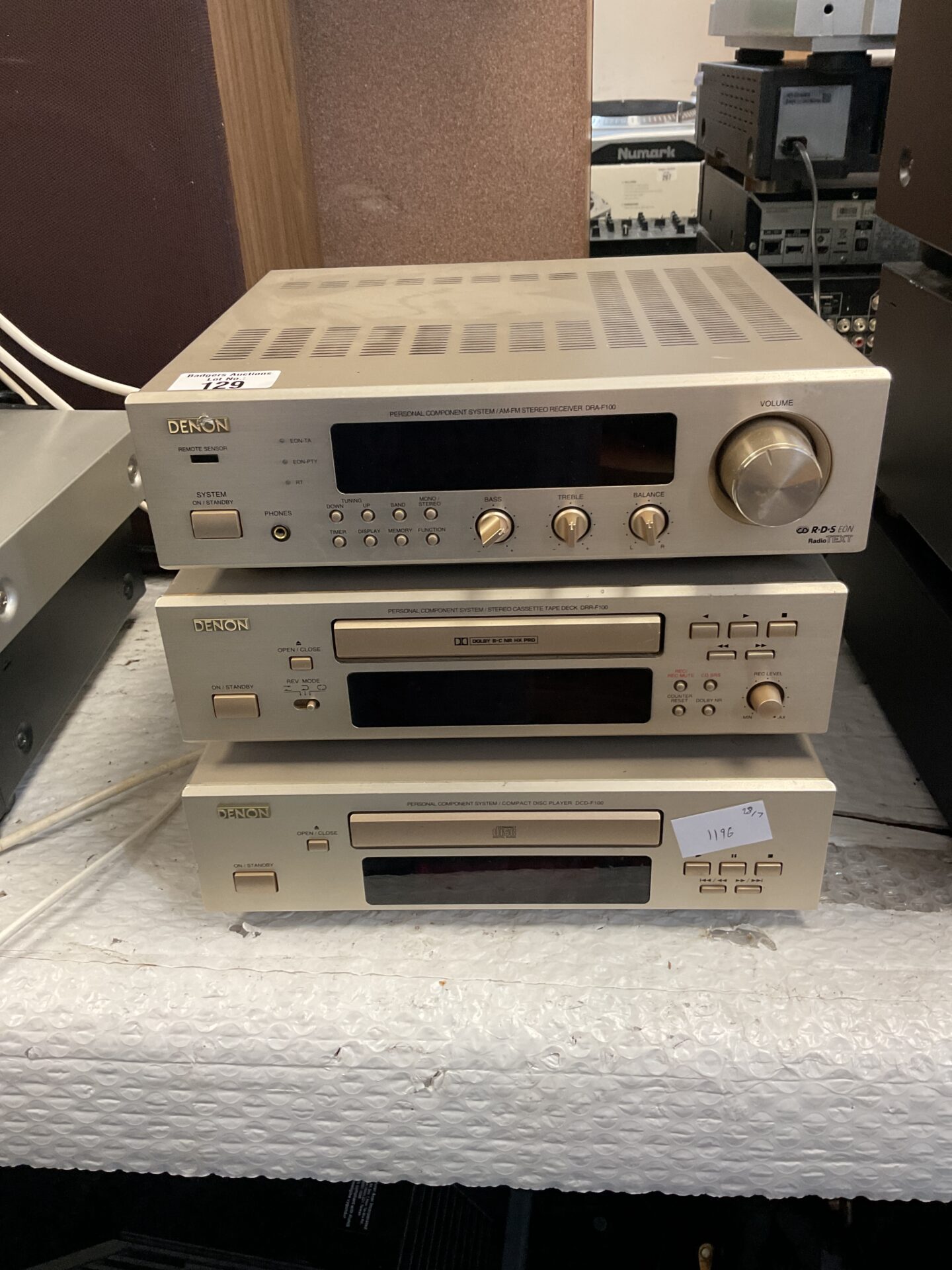 129 3 Denon sound systems,incl. cd player, stereo receiver and tape deck