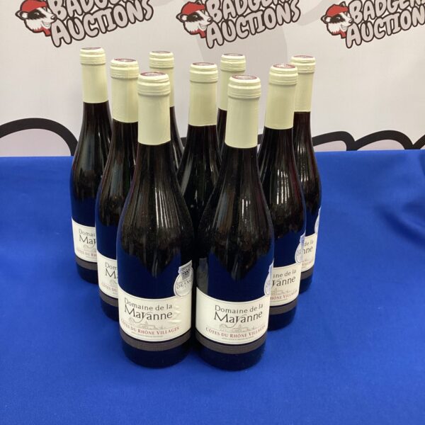Lot of nine Mayanne red wine bottles presented for auction.