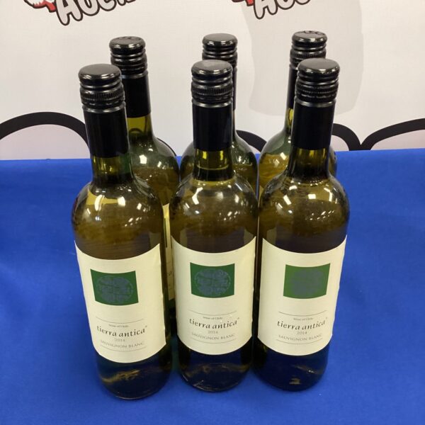 Six bottles of Tierra Antica white wine on display.