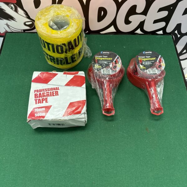Danger tape dispensers and rolls of brightly coloured safety tape.