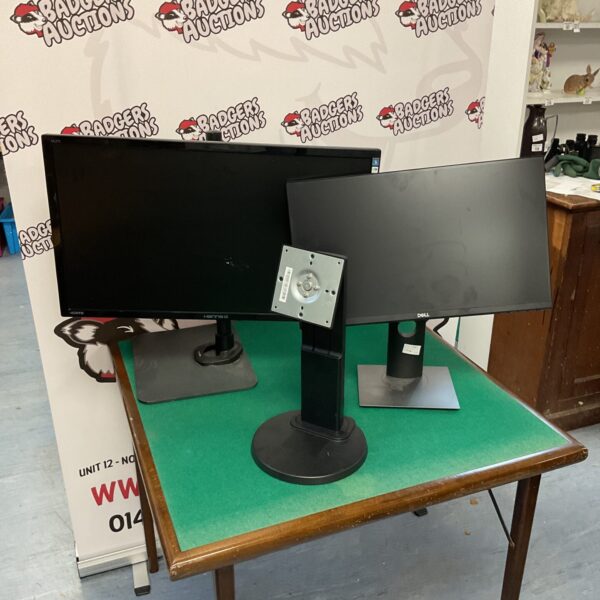 Two computer monitors, Hanns G and Dell, with a stand.