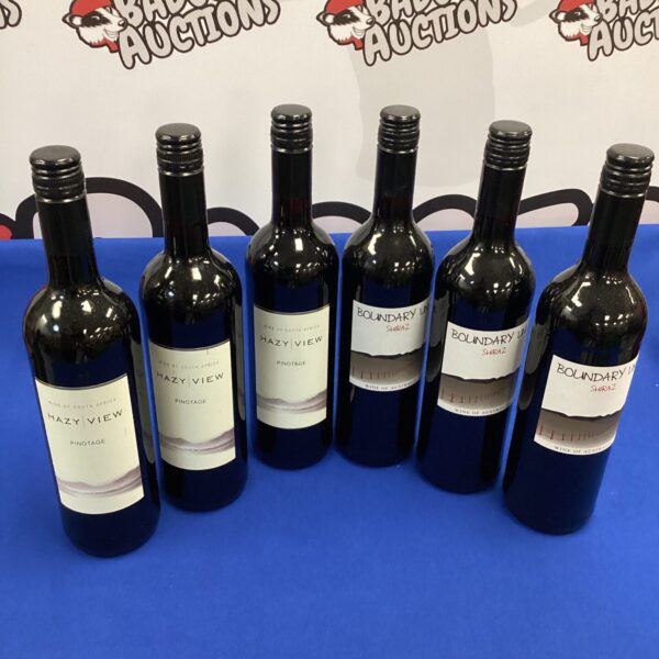 Six bottles of Boundary Line Shiraz and Pinotage wine.