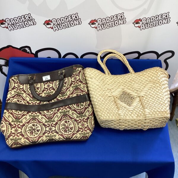 Vintage carpet bag and rattan beach bag lot for collectors.