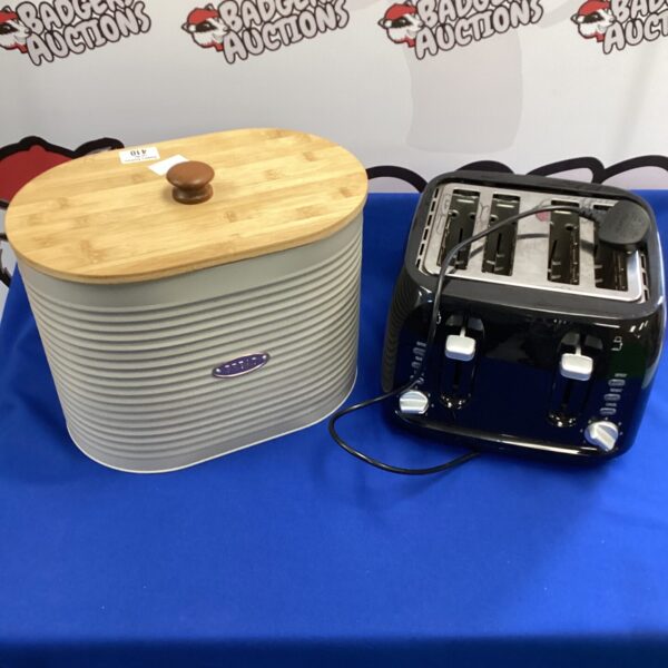 Vintage bread bin and toaster set, retro kitchenalia, 1970s style.