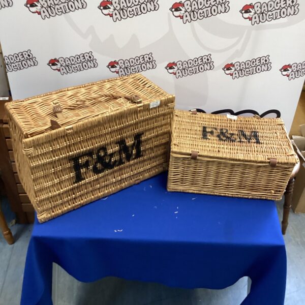 Two vintage F&M style wicker baskets for storage or picnics.