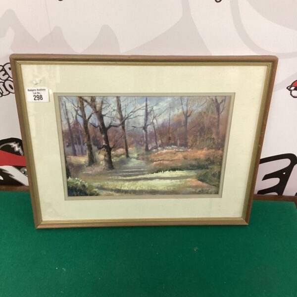 Framed woodland scene print, vintage landscape art for home decor.