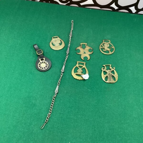 Vintage horse brasses displayed, a collection of equestrian collectibles.