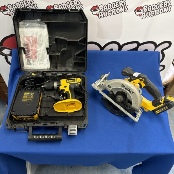Dewalt cordless drill and circular saw set in a carry case.