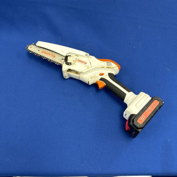 Orange and black Torryza handheld electric chainsaw for garden use.