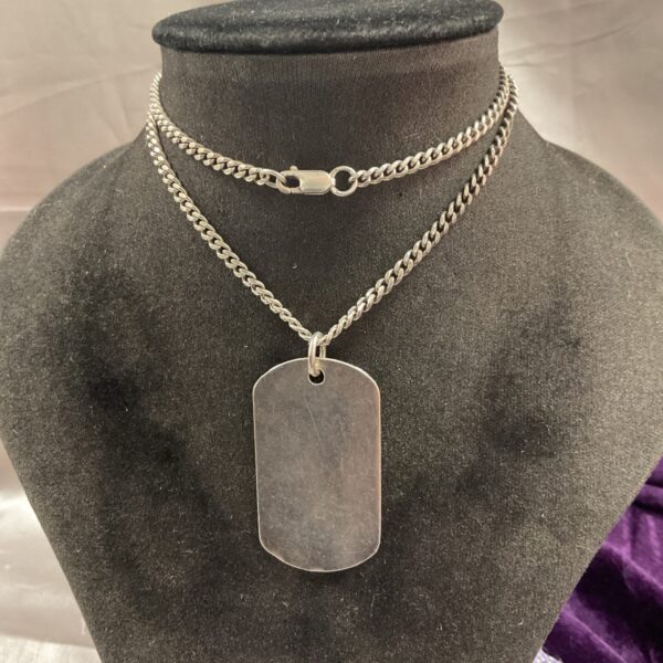 Stylish silver dog tag necklace with a 20-inch chain.