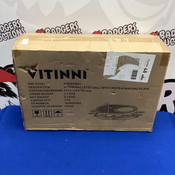 Vitinni raclette grill with crepe and pancake plate, kitchen appliance.