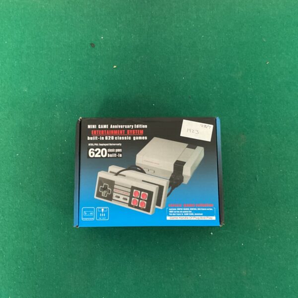 Mini game console with 620 built-in classic games for retro gaming.
