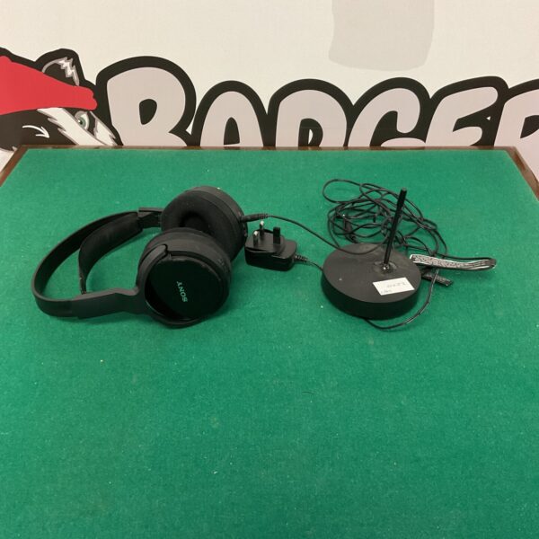 Sony stereo headphones with wireless transmitter for immersive audio.