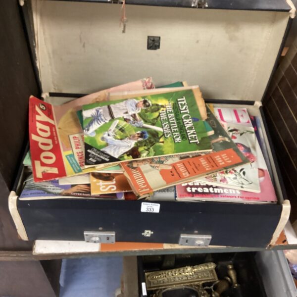 Vintage magazine lot inside a weathered suitcase.