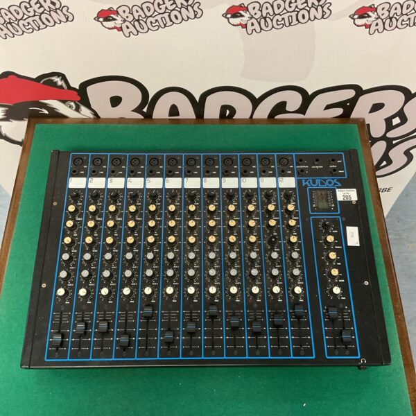 Vintage Kudos mixing desk with multiple channels and analog controls.