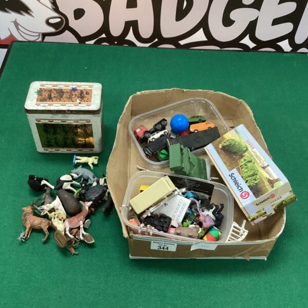 Vintage zoo animal toy lot with Schleich figurines in a tin.